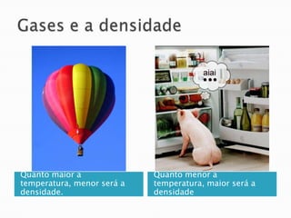 Gases e a densidadeQuanto maior a temperatura, menor será a densidade.Quanto menor a temperatura, maior será a densidade