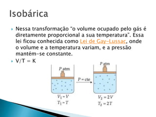 Nessa transformação “o volume ocupado pelo gás é diretamente proporcional a sua temperatura”. Essa lei ficou conhecida como Lei de Gay-Lussac, onde o volume e a temperatura variam, e a pressão mantém-se constante.V/T = KIsobárica