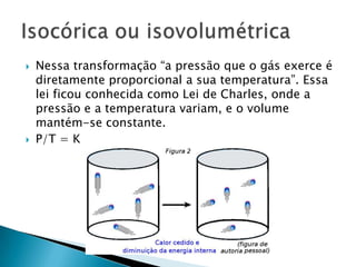 Nessa transformação “a pressão que o gás exerce é diretamente proporcional a sua temperatura”. Essa lei ficou conhecida como Lei de Charles, onde a pressão e a temperatura variam, e o volume mantém-se constante.P/T = KIsocórica ou isovolumétrica