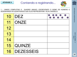 1.ºAno
3.ºBIMESTRE/2013
56
ATIVIDADE 6
1 - VAMOS COMPLETAR O QUADRO ABAIXO, ESCREVENDO O NOME DO NÚMERO E
DESENHANDO AS QUANTIDADES QUE ELES REPRESENTAM. VEJA O MODELO.
10 DEZ
11 ONZE
12
13
14
15 QUINZE
16 DEZESSEIS
Contando e registrando...
http://sitededicas.ne10.uol.com.br
 