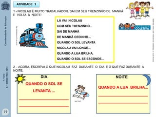 1.ºAno
3.ºBIMESTRE/2013
79
ATIVIDADE 1
MULTIRIO
1 - NICOLAU É MUITO TRABALHADOR. SAI EM SEU TRENZINHO DE MANHÃ
E VOLTA À NOITE:
DIA
QUANDO O SOL SE
LEVANTA ...
_______________________
_______________________
QUANDO A LUA BRILHA...
_______________________
_______________________
LÁ VAI NICOLAU
COM SEU TRENZINHO...
SAI DE MANHÃ
DE MANHÃ CEDINHO...
QUANDO O SOL LEVANTA
NICOLAU VAI LONGE...
QUANDO A LUA BRILHA,
QUANDO O SOL SE ESCONDE...
http://sitededicas.ne10.uol.com.br
ROCHA,RUTH,OTRENZINHODONICOLAU.SÃOPAULO:SALAMANDRA,2009
MULTIRIO
2 - AGORA, ESCREVA O QUE NICOLAU FAZ DURANTE O DIA E O QUE FAZ DURANTE A
NOITE.
NOITE
 