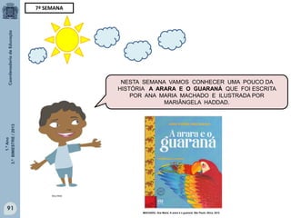 1.ºAno
3.ºBIMESTRE/2013
91
MULTIRIO
NESTA SEMANA VAMOS CONHECER UMA POUCO DA
HISTÓRIA A ARARA E O GUARANÁ QUE FOI ESCRITA
POR ANA MARIA MACHADO E ILUSTRADA POR
MARIÂNGELA HADDAD.
7ª SEMANA
MACHADO, Ana Maria. A arara e o guaraná. São Paulo. Ática, 2012
 