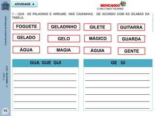 1.ºAno
3.ºBIMESTRE/2013
95
ATIVIDADE 4
GUA GUE GUI
_____________________________
_____________________________
_____________________________
_____________________________
_____________________________
_____________________________
GE GI
______________________________
______________________________
______________________________
______________________________
______________________________
______________________________
GELADO
ÁGUA
FOGUETE GELADINHO GILETE GUITARRA
GELO
MAGIA
MÁGICO
ÁGUIA
1 - LEIA AS PALAVRAS E ARRUME, NAS CAIXINHAS, DE ACORDO COM AS SÍLABAS DA
TABELA.
GUARDA
GENTE
http://sitededicas.ne10.uol.com.br
 