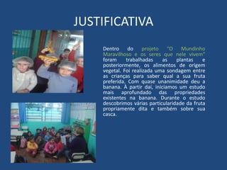JUSTIFICATIVA
Dentro do projeto “O Mundinho
Maravilhoso e os seres que nele vivem”
foram trabalhadas as plantas e
posteriormente, os alimentos de origem
vegetal. Foi realizada uma sondagem entre
as crianças para saber qual a sua fruta
preferida. Com quase unanimidade deu a
banana. À partir daí, iniciamos um estudo
mais aprofundado das propriedades
existentes na banana. Durante o estudo
descobrimos várias particularidade da fruta
propriamente dita e também sobre sua
casca.
 