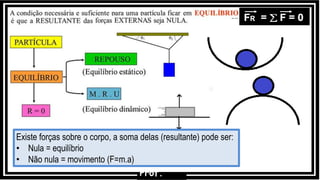Prof.
Existe forças sobre o corpo, a soma delas (resultante) pode ser:
• Nula = equilíbrio
• Não nula = movimento (F=m.a)
 