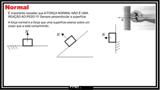 É importante ressaltar que A FORÇA NORMAL NÃO É UMA
REAÇÃO AO PESO !!!! Sempre perpendicular a superfície.
A força normal é a força que uma superfície exerce sobre um
corpo que a está comprimindo.
Normal
Prof.
 