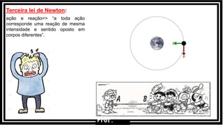Terceira lei de Newton:
ação e reação=> “a toda ação
corresponde uma reação de mesma
intensidade e sentido oposto em
corpos diferentes”.
Prof.
 
