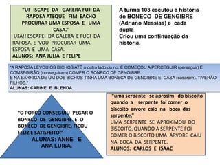 A turma 103 escutou a história
do BONECO DE GENGIBRE
(Adriano Messias) e cada
dupla
Criou uma continuação da
história.
“UF ISCAPE DA GARERA FUJI DA
RAPOSA ATEQUE FIM EACHO
PROCURAR UMA ESPOSA E UMA
CASA.”
UFA!! ESCAPEI DA GALERA E FUGI DA
RAPOSA. E VOU PROCURAR UMA
ESPOSA E UMA CASA.
ALUNOS: ANA JULIA E FELIPE
“A RAPOSA LEVOU OS BICHOS ATÉ o outro lado do rio. E COMEÇOU A PERCEGUIR (perseguir) E
COMSEGIRÃO (conseguiram) COMER O BONECO DE GENGIBRE.
E NA BARRIGA DE UM DOS BICHOS TINHA UMA BONECA DE GENGIBRE E CASA (casaram). TIVERÃO
FILHOS.”
ALUNAS: CARINE E BLENDA.
“O PORCO CONSEGUIU PEGAR O
BONECO DE GENGIBRE E O
BONECO DE GENGIBRE. FICOU
FELIZ E SATISFEITO.”
ALUNAS: ANNE E
ANA LUISA.
“uma serpente se aprosim do biscoito
quando a serpente foi comer o
biscoito arvore caio na boca das
serpente.”
UMA SERPENTE SE APROXIMOU DO
BISCOITO, QUANDO A SERPENTE FOI
COMER O BISCOITO UMA ÁRVORE CAIU
NA BOCA DA SERPENTE.
ALUNOS: CARLOS E ISAAC
 