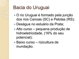 Bacia do Uruguai
 O rio Uruguai é formado pela junção
dos rios Canoas (SC) e Pelotas (RS);
 Deságua no estuário da Prata;
 Alto curso – pequena produção de
hidroeletricidade. (16% do seu
potencial);
 Baixo curso – rizicultura de
inundação.
 