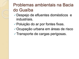 Problemas ambientais na Bacia
do Guaíba
Despejo de efluentes domésticos e
industriais.
Poluição do ar por fontes fixas.
Ocupação urbana em áreas de risco
Transporte de cargas perigosas.
 