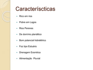 Caracteríscticas
 Rico em rios
 Pobre em Lagos
 Rios Perenes
 De domínio planáltico
 Bom potencial hidrelétrico
 Foz tipo Estuário
 Drenagem Exorréica
 Alimentação Pluvial
 