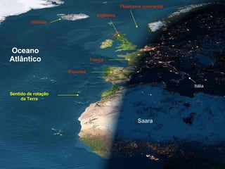 França Islândia Itália Plataforma continental Inglaterra Saara Sentido de rotação da Terra Espanha Oceano Atlântico 