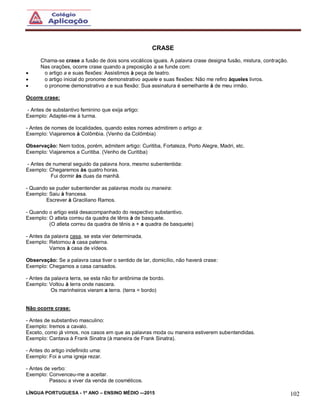 LÍNGUA PORTUGUESA - 1º ANO – ENSINO MÉDIO -–2015 102
CRASE
Chama-se crase a fusão de dois sons vocálicos iguais. A palavra crase designa fusão, mistura, contração.
Nas orações, ocorre crase quando a preposição a se funde com:
 o artigo a e suas flexões: Assistimos à peça de teatro.
 o artigo inicial do pronome demonstrativo aquele e suas flexões: Não me refiro àqueles livros.
 o pronome demonstrativo a e sua flexão: Sua assinatura é semelhante à de meu irmão.
Ocorre crase:
- Antes de substantivo feminino que exija artigo:
Exemplo: Adaptei-me à turma.
- Antes de nomes de localidades, quando estes nomes admitirem o artigo a:
Exemplo: Viajaremos à Colômbia. (Venho da Colômbia)
Observação: Nem todos, porém, admitem artigo: Curitiba, Fortaleza, Porto Alegre, Madri, etc.
Exemplo: Viajaremos a Curitiba. (Venho de Curitiba)
- Antes de numeral seguido da palavra hora, mesmo subententida:
Exemplo: Chegaremos às quatro horas.
Fui dormir às duas da manhã.
- Quando se puder subentender as palavras moda ou maneira:
Exemplo: Saiu à francesa.
Escrever à Graciliano Ramos.
- Quando o artigo está desacompanhado do respectivo substantivo.
Exemplo: O atleta correu da quadra de tênis à de basquete.
(O atleta correu da quadra de tênis a + a quadra de basquete)
- Antes da palavra casa, se esta vier determinada.
Exemplo: Retornou à casa paterna.
Vamos à casa de vídeos.
Observação: Se a palavra casa tiver o sentido de lar, domicílio, não haverá crase:
Exemplo: Chegamos a casa cansados.
- Antes da palavra terra, se esta não for antônima de bordo.
Exemplo: Voltou à terra onde nascera.
Os marinheiros vieram a terra. (terra = bordo)
Não ocorre crase:
- Antes de substantivo masculino:
Exemplo: Iremos a cavalo.
Exceto, como já vimos, nos casos em que as palavras moda ou maneira estiverem subentendidas.
Exemplo: Cantava à Frank Sinatra (à maneira de Frank Sinatra).
- Antes do artigo indefinido uma:
Exemplo: Foi a uma igreja rezar.
- Antes de verbo:
Exemplo: Convenceu-me a aceitar.
Passou a viver da venda de cosméticos.
 