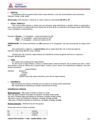 LÍNGUA PORTUGUESA - 1º ANO – ENSINO MÉDIO -–2015 108
 RADICAL:
O significado básico da palavra está contido nesse elemento; a ele são acrescentados outros elementos.
Exemplo: cantar, correr, partir.
Observação: Para descobrir o radical de um verbo, retira-se a terminação AR, ER ou IR.
 VOGAL TEMÁTICA
Tem como função preparar o radical para ser acrescido pelas desinências e também indicar a conjugação a
que o verbo pertence. A vogal temática dos verbos são as letras A, E e I, presentes à terminação verbal. Elas indicam
a que conjugação o verbo pertence.
Exemplos: Passear – 1ª conjugação – verbos terminados em AR;
Dever – 2ª conjugação – verbos terminados em ER;
Pedir – 3ª conjugação – verbos terminados em IR.
OBSERVAÇÃO: Os verbos terminados em OR pertencem à 2ª conjugação, pois são provenientes do antigo verbo
poer.
Nos substantivos e adjetivos, a vogal temática são as vogais A, E, I O e U, no final das palavras:
Exemplo: casa, dente, Barueri, ouro, cupuaçu.
Cuidado para não confundir vogal temática com desinência nominal de gênero feminino ou masculino:
Exemplo: garoto/ garota.
 TEMA
É o radical com a presença da vogal temática.
Se não houver a vogal temática, o tema e o radical serão o mesmo elemento. Em se tratando de verbo, o tema
será sempre a soma do radical com a vogal temática: compra, come e dorme. Em substantivos e adjetivos, isso nem
sempre acontecerá.
(vogal temática)
Exemplo: s a p a t o
(radical)
p a s te l
(radical e tema são mesmo elemento, pois não há vogal temática)
 DESINÊNCIA
São elementos que indicam as flexões que os nomes e os verbos podem apresentar.
São subdivididas em desinências verbais e desinências nominais.
DESINÊNCIAS VERBAIS
Modo-temporais – São quatro e indicam o tempo e o modo:
-va e –ia, para o Pretérito Imperfeito do Indicativo: cantava, devia, partia.
-ra, para o Pretérito Mais-que-perfeito do Indicativo: cantara, devera, partira.
-ria, para o Futuro do Pretérito do Indicativo: cantaria, deveria, partiria.
- sse, para o Pretérito Imperfeito do Subjuntivo: cantasse, devesse, partisse.
Número-pessoais – Distribuem-se em dois grupos:
As que são comuns a todos os tempos.
Eu - amava_
Tu S amavaS
Ele - amava_
 