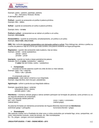 LÍNGUA PORTUGUESA - 1º ANO – ENSINO MÉDIO -–2015 112
Exemplo: pedra – pedreiro, apedrejar, pedraria.
flor – floricultura, florescer, florista.
A derivação pode ser:
Prefixal – quando se acrescenta um prefixo à palavra primitiva.
Exemplo: feliz – infeliz.
Sufixal – quando se acrescenta um sufixo à palavra primitiva.
Exemplo: terra – terreno.
Prefixal e sufixal – acrescentam-se ao radical um prefixo e um sufixo.
Exemplo: infelizmente
Parassintética – quando se acrescenta, simultaneamente, um prefixo e um sufixo.
Exemplo: desalmado, empobrecer.
OBS: Não confunda derivação parassintética com derivação prefixal e sufixal. Para distingui-las, elimine o prefixo ou
o sufixo da palavra e veja se a forma que resta constitui uma palavra existente na língua portuguesa.
Regressiva – quando não acrescenta nada à palavra, mas se reduz.
Exemplo: vender – venda (substantivo)
pescar – pesca
pincelar – pincel
Imprópria – quando se muda a classe gramatical da palavra.
Exemplo: Ele é um judas. (substantivo – adjetivo)
O saber não tem limites. (verbo – substantivo)
 Composição:
Consiste em formar palavras a partir da união de dois ou mais radicais.
Exemplo: beija + flor = beija-flor
Plano + alto = planalto
A composição pode ser:
Justaposição - cada radical conserva a sua integridade.
Exemplo: segunda-feira, bem-me-quer, passatempo.
Aglutinação - sofrem a perda de sua integridade silábica.
Exemplo: aguardente (água + ardente)
boquiaberto (boca + aberto)
planalto (plano + alto)
Hibridismo – inúmeros radicais gregos e latinos também participam da formação de palavras, como primeiro ou co-
mo segundo elemento da composição.
Veja a composição destas palavras:
bis + avô = bisavô
(radical latino)
crono + metro = cronometro
(radical grego)
As palavras formadas por elementos provenientes de línguas diferentes denominam-se hibridismos:
automóvel (grego + português) burocracia (francês + grego)
 Onomatopeia
São palavras criadas com a finalidade de imitar sons e ruídos produzidos por armasde fogo, sinos, campainhas, veí-
culos, instrumentos musicais, vozes de animais, etc. São onomatopeias:
fru – fru, pingue – pongue, zum-zum (substantivos)
 