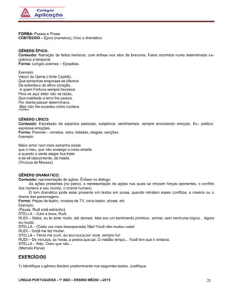 LÍNGUA PORTUGUESA - 1º ANO – ENSINO MÉDIO -–2015 21
FORMA- Poesia e Prosa
CONTEÚDO – Épico (narrativo), lírico e dramático.
GÊNERO ÉPICO:
Conteúdo: Narração de feitos heróicos, com ênfase nos atos de bravuras. Fatos ocorridos numa determinada se-
qüência e temporal.
Forma: Longos poemas – Epopéias.
Exemplo:
Vasco da Gama o forte Capitão,
Que tamanhas empresas se oferece
De soberba e de altivo coração,
A quem Fortuna sempre favorece
Pera se aqui deter não vê razão,
Que inabitada a terra lhe parece.
Por diante passar determinava.
Mas não lhe sucedeu como cuidava.
(Camões)
GÊNERO LÍRICO:
Conteúdo: Expressão de aspectos pessoais, subjetivos, sentimentais, sempre envolvendo emoção. Eu- poético:
expressa emoções.
Forma: Poemas – sonetos, odes, baladas, elegias, canções.
Exemplo:
Maior amor nem mais estranho existe
que o meu, que não sossega a coisa amada
e quando a sente alegre fica triste
e se vê descontente, dá risada.
(Vinícius de Moraes)
GÊNERO DRAMÁTICO:
Conteúdo: representação de ações. Ênfase no diálogo.
As ações presentes (no palco), a representação de ações nas quais se chocam forças oponentes, o conflito
dos homens e seu mundo, o drama humano.
O tom dramático pode estar presente em textos em prosa, quando retratam esses conflitos, a miséria ou o
drama das personagens.
Forma: Peças de teatro, novelas de TV, circo-teatro, shows, etc.
Exemplo:
(Pausa. Rudi está estranho)
STELLA – Cala a boca, Rudi.
RUDI – Stella, eu te amei muito, até demais. Mas era um sentimento primitivo, animal, sem nenhuma lógica... Agora
eu mudei.
STELLA – (Cada vez mais desesperada) Não! Você não mudou nada!
RUDI – Você me fez mudar.
STELLA – Tenta me ouvir, eu sou louca por você, sempre fui!
RUDI – Os minutos, as horas, a poeira que cai. O maldito tempo... Você tem que ir embora.
STELLA – Não. Claro que não...
(Marcelo Paiva)
EXERCÍCIOS
1) Identifique o gênero literário predominante nos seguintes textos. Justifique:
 