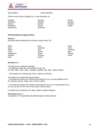 LÍNGUA PORTUGUESA - 1º ANO – ENSINO MÉDIO -–2015 70
paço (palácio) passo (passada)
Podem ocorrer ainda os dígrafos xc, e, mais raramente, xs:
Exceção
Excêntrico
Exsicar
Excedente
Excepcional
Exsolver
Exceder
Excerto
Exsuar
Excelente
Exceto
Exsudar
Excesso
excitar
Particularidades de algumas letras
A letra x:
Essa letra pode representar dois fonemas, soando como "ks":
afluxo
axila
flexão
oxido
sexagésimo
amplexo
boxe
fluxo
paradoxo
sexo
anexar
clímax
intoxicar
prolixo
tóxico
anexo
complexo
látex
reflexão
toxina
As letras e e i :
a) Cuidado com a grafia dos ditongos:
- Os ditongos nasais /ãj/ e /õj/ escrevem-se ãe e õe:
Ex: mãe, mães; cães, pães, cirurgiães capitães põe põem depõe depõem .
- Só se grafa com /o ditongo /ãj/, interno: cãibra (ou câimbra).
b) Cuidado com a grafia das formas verbais:
- As formas dos verbos com infinitivos terminados em oar e uar são grafadas com e:
Ex: abençoe, perdoe, magoe, atue, continue, efetue.
- As formas dos verbos com infinitivos terminados em air, oer e uir são grafadas com i:
Ex: cai, sai, dó,i rói, mói, corrói, influi, possui, retribui, atribui.
c) Cuidado com as palavras: se, senão, sequer, quase e irrequieto.
Parônimos com e / i
A oposição e / i é responsável pela diferenciação de várias palavras:
 