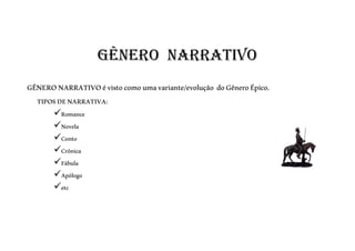 GÊNERO NARRATIVO
GÊNERONARRATIVOévistocomoumavariante/evolução doGêneroÉpico.
TIPOSDENARRATIVA:
Romance
Novela
Conto
Crônica
Fábula
Apólogo
etc
 