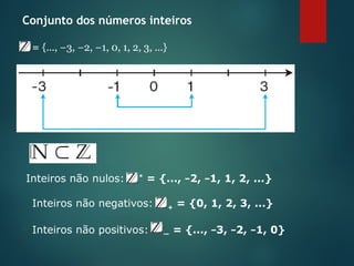 Conjunto dos números inteiros
Z = {..., −3, −2, −1, 0, 1, 2, 3, ...}
Inteiros não nulos: *
= {..., −2, −1, 1, 2, ...}
 Inteiros não negativos: + = {0, 1, 2, 3, ...}
 Inteiros não positivos: — = {..., −3, −2, −1, 0}
Números opostos
 