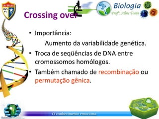 Crossing over
 • Importância:
      Aumento da variabilidade genética.
 • Troca de seqüências de DNA entre
   cromossomos homólogos.
 • Também chamado de recombinação ou
   permutação gênica.
 