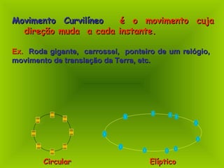 Movimento CurvilíneoMovimento Curvilíneo é o movimento cujaé o movimento cuja
direção muda a cada instante.direção muda a cada instante.
Ex.Ex. Roda gigante, carrossel, ponteiro de um relógio,Roda gigante, carrossel, ponteiro de um relógio,
movimento de translação da Terra, etc.movimento de translação da Terra, etc.
CircularCircular ElípticoElíptico
 