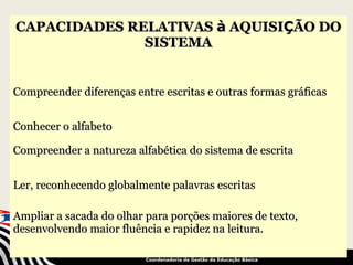 CAPACIDADES RELATIVAS à AQUISIÇÃO DO
              SISTEMA


Compreender diferenças entre escritas e outras formas gráficas


Conhecer o alfabeto

Compreender a natureza alfabética do sistema de escrita


Ler, reconhecendo globalmente palavras escritas

Ampliar a sacada do olhar para porções maiores de texto,
desenvolvendo maior fluência e rapidez na leitura.
                          Kátia Lomba Bräkling - jan2010
                               SECRETARIA DA EDUCAÇÃO
                          Coordenadoria de Gestão da Educação Básica
 