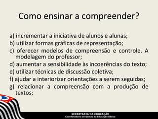 Como ensinar a compreender?
a) incrementar a iniciativa de alunos e alunas;
b) utilizar formas gráficas de representação;
c) oferecer modelos de compreensão e controle. A
   modelagem do professor;
d) aumentar a sensibilidade às incoerências do texto;
e) utilizar técnicas de discussão coletiva;
f) ajudar a interiorizar orientações a serem seguidas;
g) relacionar a compreensão com a produção de
   textos;


                          SECRETARIA DA EDUCAÇÃO
                     Coordenadoria de Gestão da Educação Básica
 