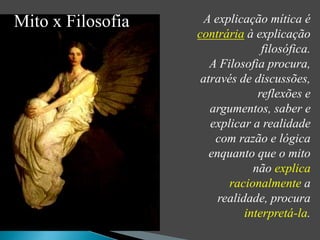 A explicação mítica é 
contrária à explicação 
filosófica. 
A Filosofia procura, 
através de discussões, 
reflexões e 
argumentos, saber e 
explicar a realidade 
com razão e lógica 
enquanto que o mito 
não explica 
racionalmente a 
realidade, procura 
interpretá-la. 
Mito x Filosofia 
 