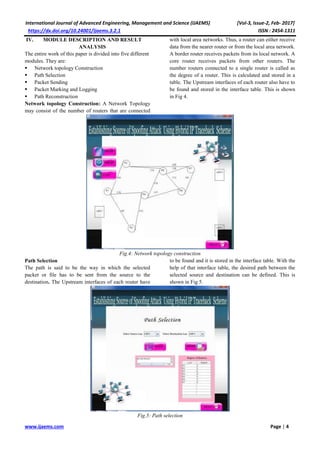 International Journal of Advanced Engineering, Management and Science (IJAEMS) [Vol-3, Issue-2, Feb- 2017]
https://dx.doi.org/10.24001/ijaems.3.2.1 ISSN : 2454-1311
www.ijaems.com Page | 4
IV. MODULE DESCRIPTION AND RESULT
ANALYSIS
The entire work of this paper is divided into five different
modules. They are:
 Network topology Construction
 Path Selection
 Packet Sending
 Packet Marking and Logging
 Path Reconstruction
Network topology Construction: A Network Topology
may consist of the number of routers that are connected
with local area networks. Thus, a router can either receive
data from the nearer router or from the local area network.
A border router receives packets from its local network. A
core router receives packets from other routers. The
number routers connected to a single router is called as
the degree of a router. This is calculated and stored in a
table. The Upstream interfaces of each router also have to
be found and stored in the interface table. This is shown
in Fig 4.
Fig.4: Network topology construction
Path Selection
The path is said to be the way in which the selected
packet or file has to be sent from the source to the
destination. The Upstream interfaces of each router have
to be found and it is stored in the interface table. With the
help of that interface table, the desired path between the
selected source and destination can be defined. This is
shown in Fig 5.
Fig.5: Path selection
 
