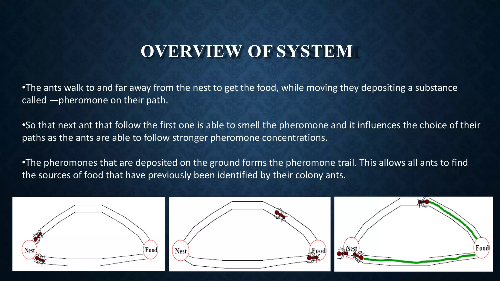 OVERVIEW OF SYSTEM
•The ants walk to and far away from the nest to get the food, while moving they depositing a substance
called ―pheromone on their path.
•So that next ant that follow the first one is able to smell the pheromone and it influences the choice of their
paths as the ants are able to follow stronger pheromone concentrations.
•The pheromones that are deposited on the ground forms the pheromone trail. This allows all ants to find
the sources of food that have previously been identified by their colony ants.
 