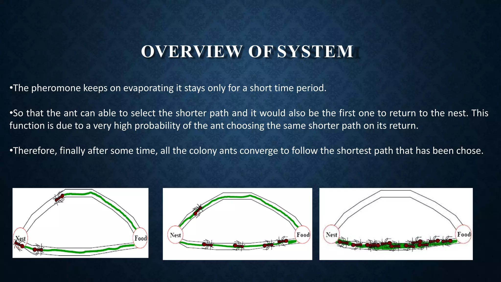 OVERVIEW OF SYSTEM
•The pheromone keeps on evaporating it stays only for a short time period.
•So that the ant can able to select the shorter path and it would also be the first one to return to the nest. This
function is due to a very high probability of the ant choosing the same shorter path on its return.
•Therefore, finally after some time, all the colony ants converge to follow the shortest path that has been chose.
 