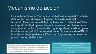 Alto metabolismo en bacterias lo que requiere de
la formación de nuevo ADN
Cuando aun no está el proceso inflamatorio en su
máximo nivel aún pueden permearse con facilidad
las sulfas
 