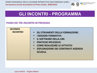 GLI INCONTRI - PROGRAMMA PIANO DEI TRE INCONTRI IN PRESENZA SECONDO INCONTRO GLI STRUMENTI DELLA FORMAZIONE. I BISOGNI FORMATIVI. IL SOFTWARE DELLA LIM.  PRATICHE RIFLESSIVE. COME REALIZZARE LE ATTIVITA’. ESPLORAZIONE DEI CONTENUTI AGENZIA SCUOLA. 