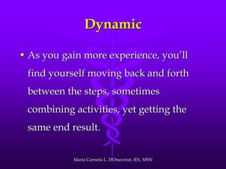 Dynamic
• As you gain more experience, you’ll
find yourself moving back and forth
between the steps, sometimes
combining activities, yet getting the
same end result.
Maria Carmela L. DOmocmat. RN, MSN
 