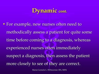 Dynamic cont.
• For example, new nurses often need to
methodically assess a patient for quite some
time before coming to a diagnosis, whereas
experienced nurses often immediately
suspect a diagnosis, then assess the patient
more closely to see of they are correct.
Maria Carmela L. DOmocmat. RN, MSN
 