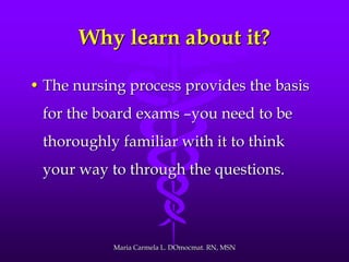 Why learn about it?
• The nursing process provides the basis
for the board exams –you need to be
thoroughly familiar with it to think
your way to through the questions.
Maria Carmela L. DOmocmat. RN, MSN
 