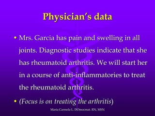 Physician’s data
• Mrs. Garcia has pain and swelling in all
joints. Diagnostic studies indicate that she
has rheumatoid arthritis. We will start her
in a course of anti-inflammatories to treat
the rheumatoid arthritis.
• (Focus is on treating the arthritis)
Maria Carmela L. DOmocmat. RN, MSN
 