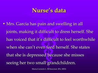 Nurse’s data
• Mrs. Garcia has pain and swelling in all
joints, making it difficult to dress herself. She
has voiced that it’s difficult to feel worthwhile
when she can’t even feed herself. She states
that she is depressed because she misses
seeing her two small grandchildren.
Maria Carmela L. DOmocmat. RN, MSN
 