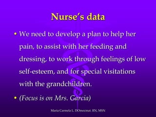 Nurse’s data
• We need to develop a plan to help her
pain, to assist with her feeding and
dressing, to work through feelings of low
self-esteem, and for special visitations
with the grandchildren.
• (Focus is on Mrs. Garcia)
Maria Carmela L. DOmocmat. RN, MSN
 