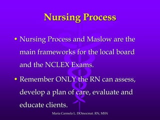 Nursing Process
• Nursing Process and Maslow are the
main frameworks for the local board
and the NCLEX Exams.
• Remember ONLY the RN can assess,
develop a plan of care, evaluate and
educate clients.
Maria Carmela L. DOmocmat. RN, MSN
 