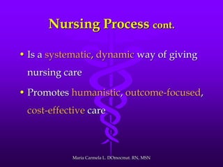 Nursing Process cont.
• Is a systematic, dynamic way of giving
nursing care
• Promotes humanistic, outcome-focused,
cost-effective care
Maria Carmela L. DOmocmat. RN, MSN
 