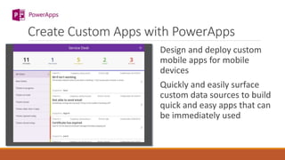 Create Custom Apps with PowerApps
Design and deploy custom
mobile apps for mobile
devices
Quickly and easily surface
custo...