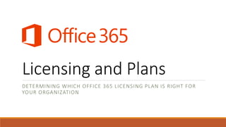 Licensing and Plans
DETERMINING WHICH OFFICE 365 LICENSING PLAN IS RIGHT FOR
YOUR ORGANIZATION
 