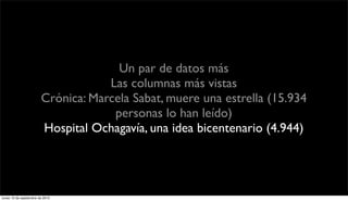 Un par de datos más
                                    Las columnas más vistas
                        Crónica: Marcela Sabat, muere una estrella (15.934
                                     personas lo han leído)
                        Hospital Ochagavía, una idea bicentenario (4.944)




lunes 13 de septiembre de 2010
 