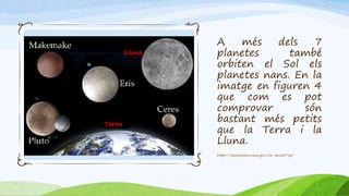 A més dels 7
planetes també
orbiten el Sol els
planetes nans. En la
imatge en figuren 4
que com es pot
comprovar són
bastant més petits
que la Terra i la
Lluna.
http://spaceplace.nasa.gov/ice-dwarf/sp/
Terra
Lluna
 