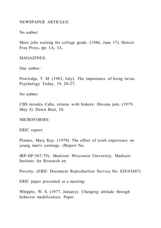NEWSPAPER ARTICLES:
No author:
More jobs waiting for college grads. (1986, June 17). Detroit
Free Press, pp. 1A, 3A.
MAGAZINES:
One author:
Powledge, T. M. (1983, July). The importance of being twins.
Psychology Today, 19, 20-27.
No author:
CBS invades Cuba, returns with Irakere: Havana jam. (1979,
May 3). Down Beat, 10.
MICROFORMS:
ERIC report:
Plantes, Mary Kay. (1979). The effect of work experience on
young men's earnings. (Report No.
IRP-DP-567-79). Madison: Wisconsin University. Madison
Institute for Research on
Poverty. (ERIC Document Reproduction Service No. ED183687)
ERIC paper presented at a meeting:
Whipple, W. S. (1977, January). Changing attitude through
behavior modification. Paper
 