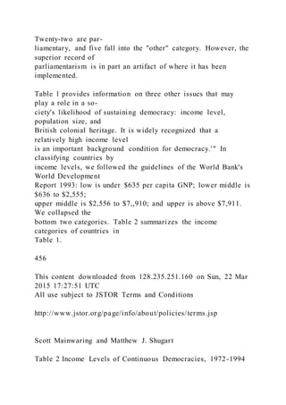 Twenty-two are par-
liamentary, and five fall into the "other" category. However, the
superior record of
parliamentarism is in part an artifact of where it has been
implemented.
Table 1 provides information on three other issues that may
play a role in a so-
ciety's likelihood of sustaining democracy: income level,
population size, and
British colonial heritage. It is widely recognized that a
relatively high income level
is an important background condition for democracy.'" In
classifying countries by
income levels, we followed the guidelines of the World Bank's
World Development
Report 1993: low is under $635 per capita GNP; lower middle is
$636 to $2,555;
upper middle is $2,556 to $7,,910; and upper is above $7,911.
We collapsed the
bottom two categories. Table 2 summarizes the income
categories of countries in
Table 1.
456
This content downloaded from 128.235.251.160 on Sun, 22 Mar
2015 17:27:51 UTC
All use subject to JSTOR Terms and Conditions
http://www.jstor.org/page/info/about/policies/terms.jsp
Scott Mainwaring and Matthew J. Shugart
Table 2 Income Levels of Continuous Democracies, 1972-1994
 