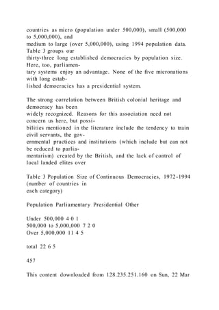 countries as micro (population under 500,000), small (500,000
to 5,000,000), and
medium to large (over 5,000,000), using 1994 population data.
Table 3 groups our
thirty-three long established democracies by population size.
Here, too, parliamen-
tary systems enjoy an advantage. None of the five micronations
with long estab-
lished democracies has a presidential system.
The strong correlation between British colonial heritage and
democracy has been
widely recognized. Reasons for this association need not
concern us here, but possi-
bilities mentioned in the literature include the tendency to train
civil servants, the gov-
ernmental practices and institutions (which include but can not
be reduced to parlia-
mentarism) created by the British, and the lack of control of
local landed elites over
Table 3 Population Size of Continuous Democracies, 1972-1994
(number of countries in
each category)
Population Parliamentary Presidential Other
Under 500,000 4 0 1
500,000 to 5,000,000 7 2 0
Over 5,000,000 11 4 5
total 22 6 5
457
This content downloaded from 128.235.251.160 on Sun, 22 Mar
 