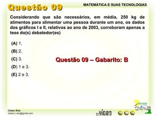 Questão 09 MATEMÁTICA E SUAS TECNOLOGIAS Considerando que são necessários, em média, 250 kg de alimentos para alimentar uma pessoa durante um ano, os dados dos gráficos I e II, relativos ao ano de 2003, corroboram apenas a tese do(s) debatedor(es) (A)  1. (B)  2. (C)  3. (D ) 1 e 3. (E)  2 e 3. Questão 09 – Gabarito: B 