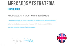 Mercadosyestrategia
Reinounido
Primer país de venta on-line del mundo en relación a su PIB
1. Se estima que para 2020 casi la mitad de las tiendas físicas tendrán que cerrar
2. Fue un site B2C de e-commerce (Amazon UK) el más visitado del 2012
3. El lujo sigue creciendo de forma desvocada
15
Spanish Atelier
 